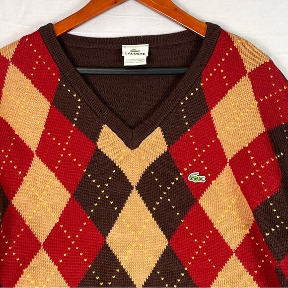 Vintage Lacoste Merino Wool Argyle Sweater Mens 5/Large V Neck Preppy Academia - Picture 2 of 9